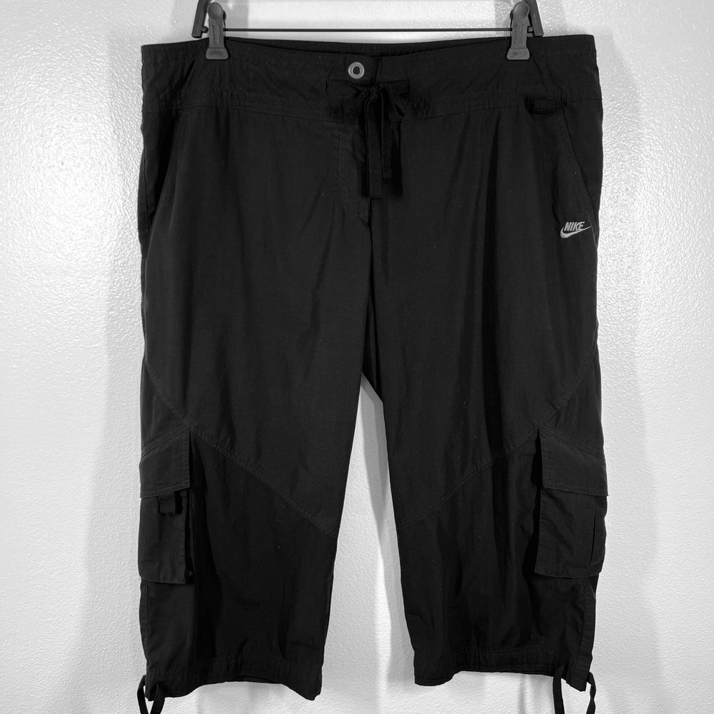 Nike Cargo Capri Pants Womens XL Black Drawstring Cotton Blend Activewear Y2K